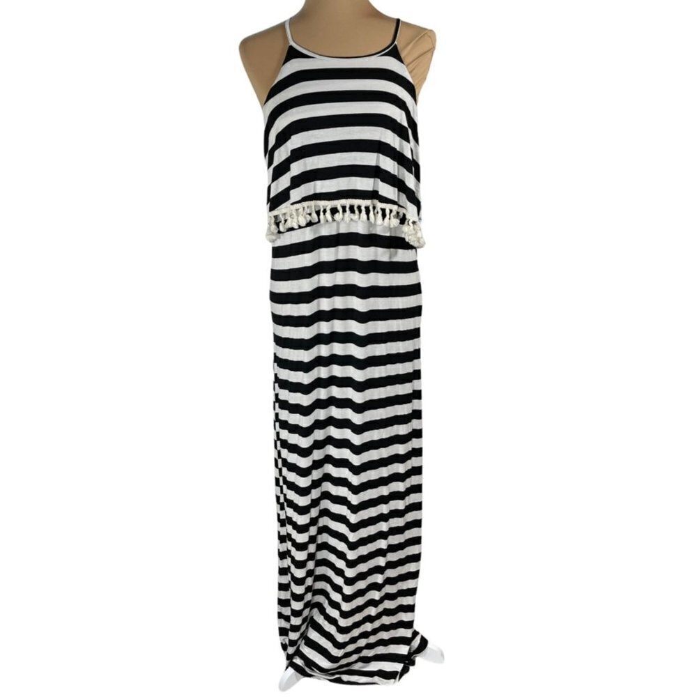 Bellamie Sleeveless Halter Tassel Black White Stripe Maxi Dress Size S